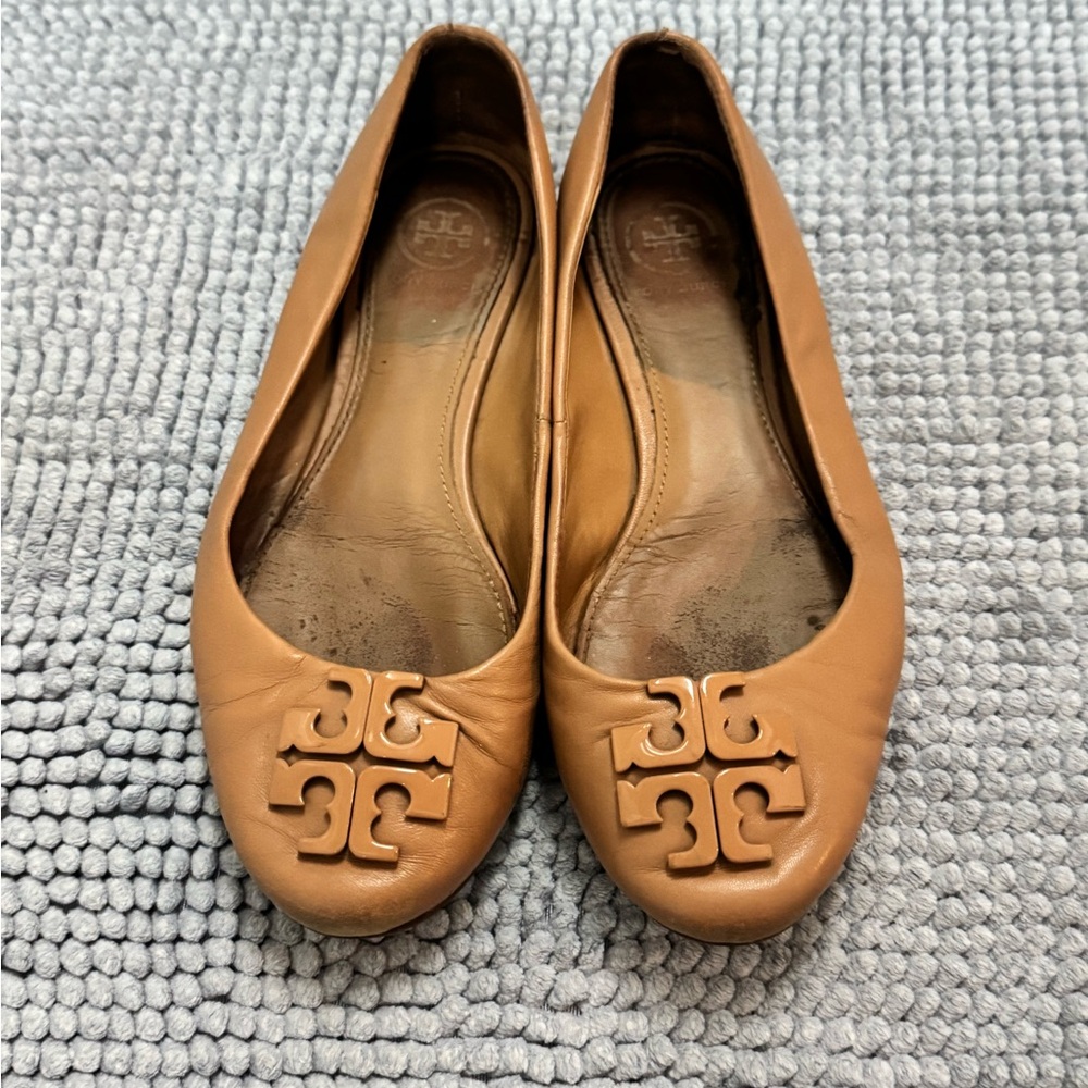 Tory Burch Cognac Leather Logo Ballet Flats